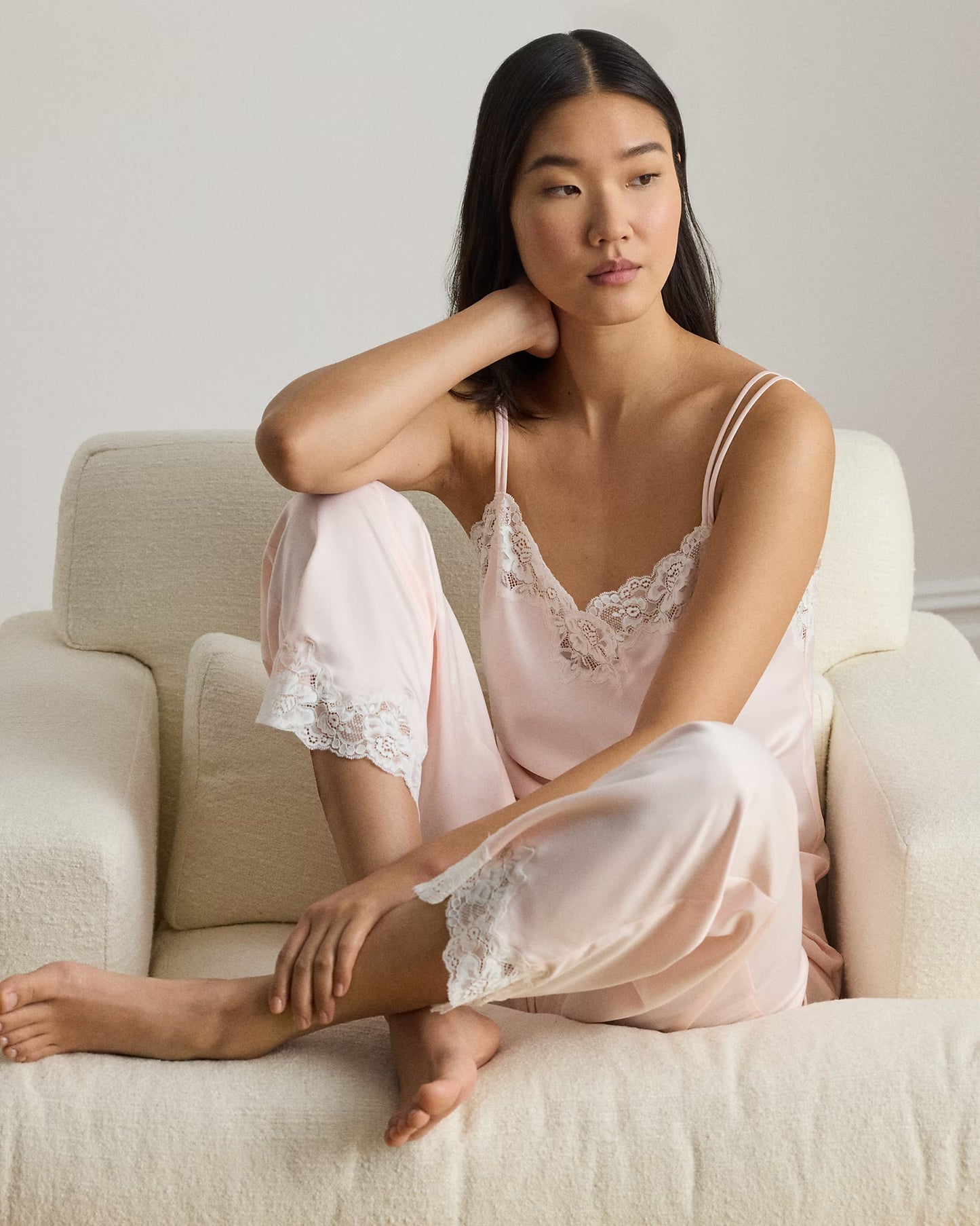 Lace-Trim Satin Cami Pj Set, Pink
