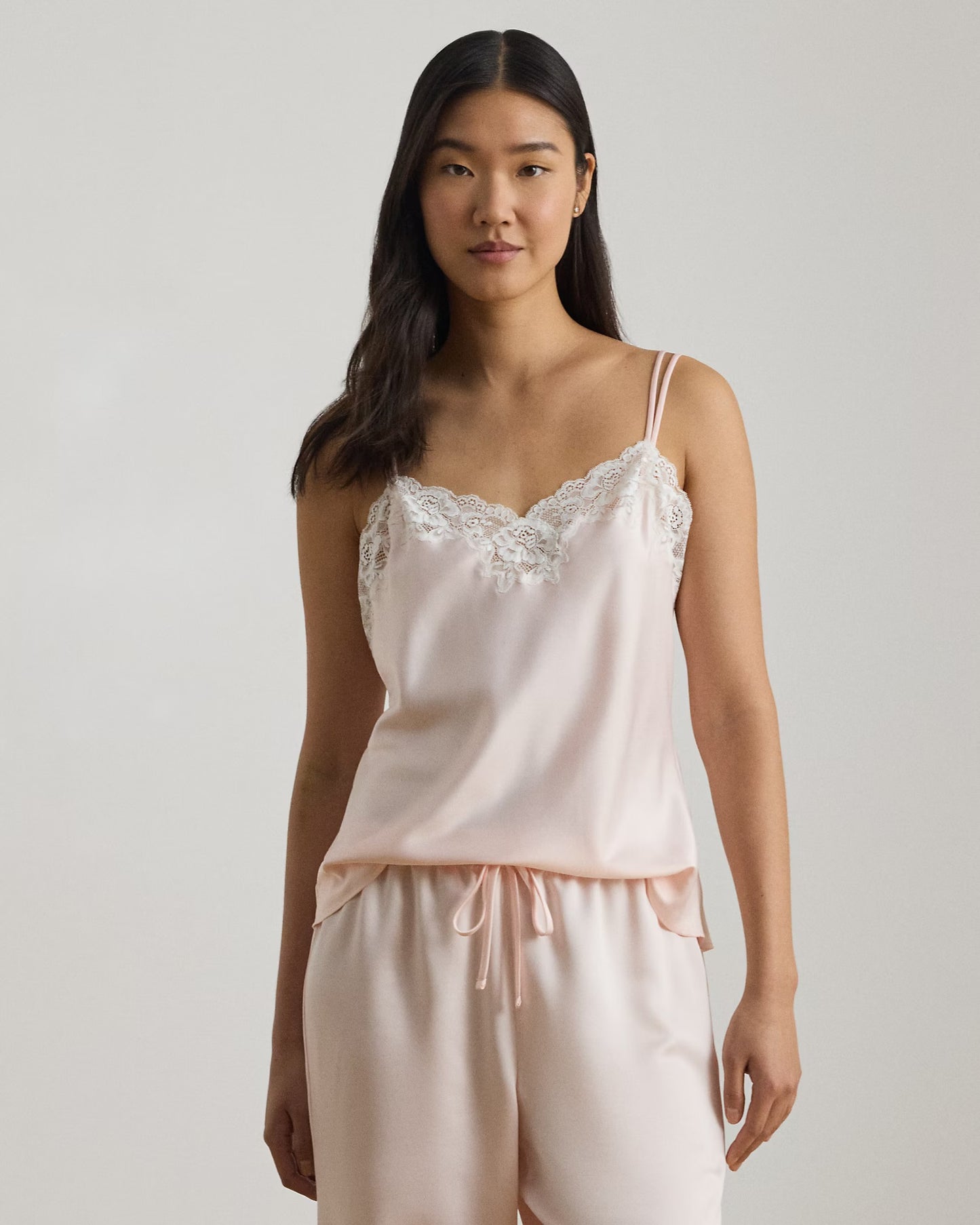 Lace-Trim Satin Cami Pj Set, Pink