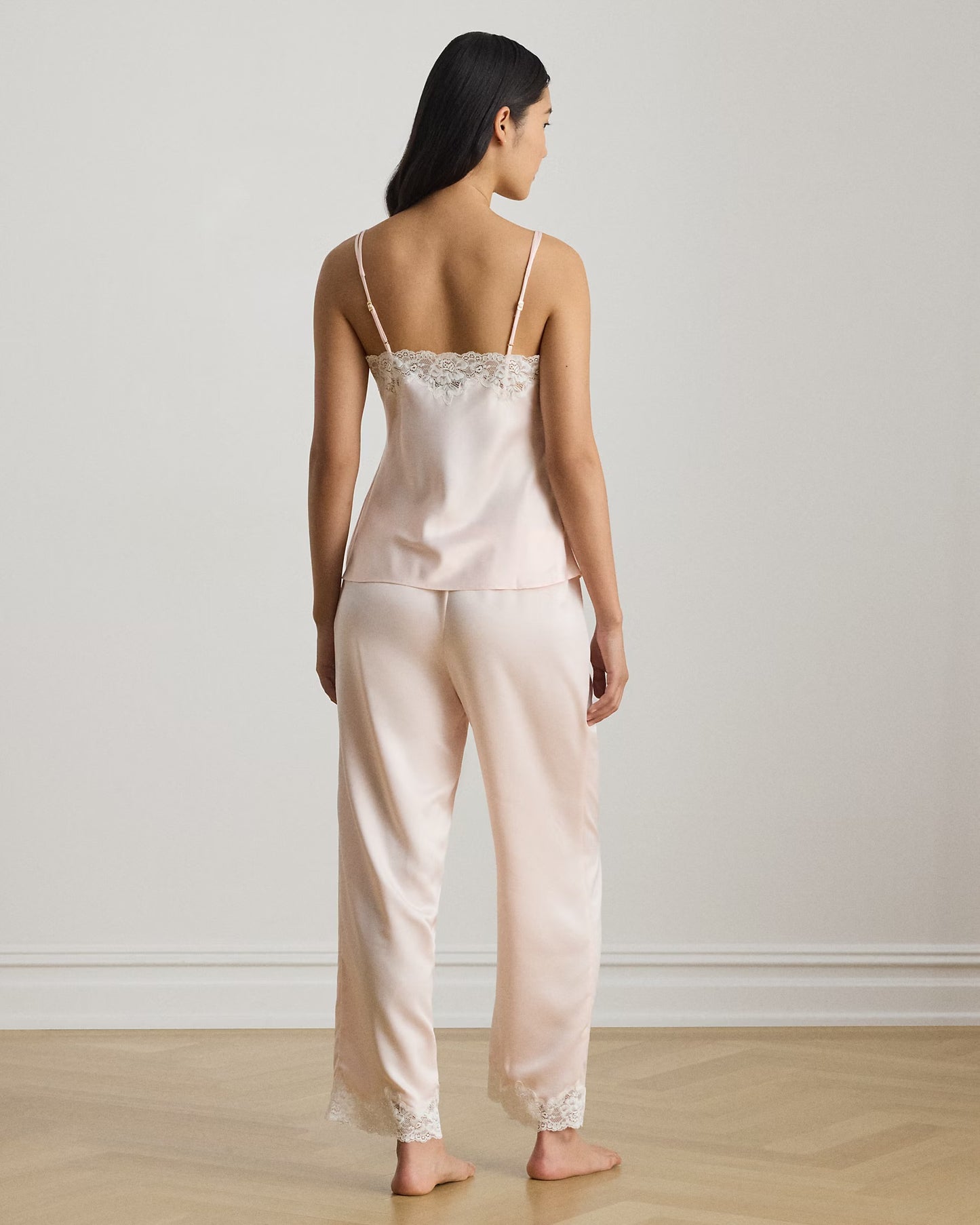 Lace-Trim Satin Cami Pj Set, Pink