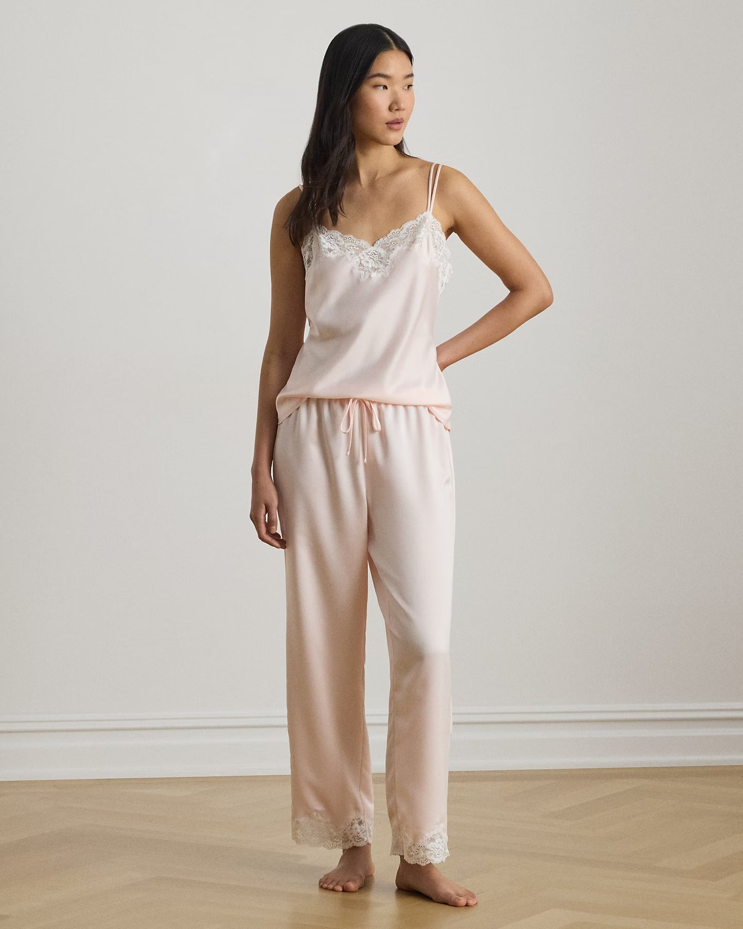 Lace-Trim Satin Cami Pj Set, Pink