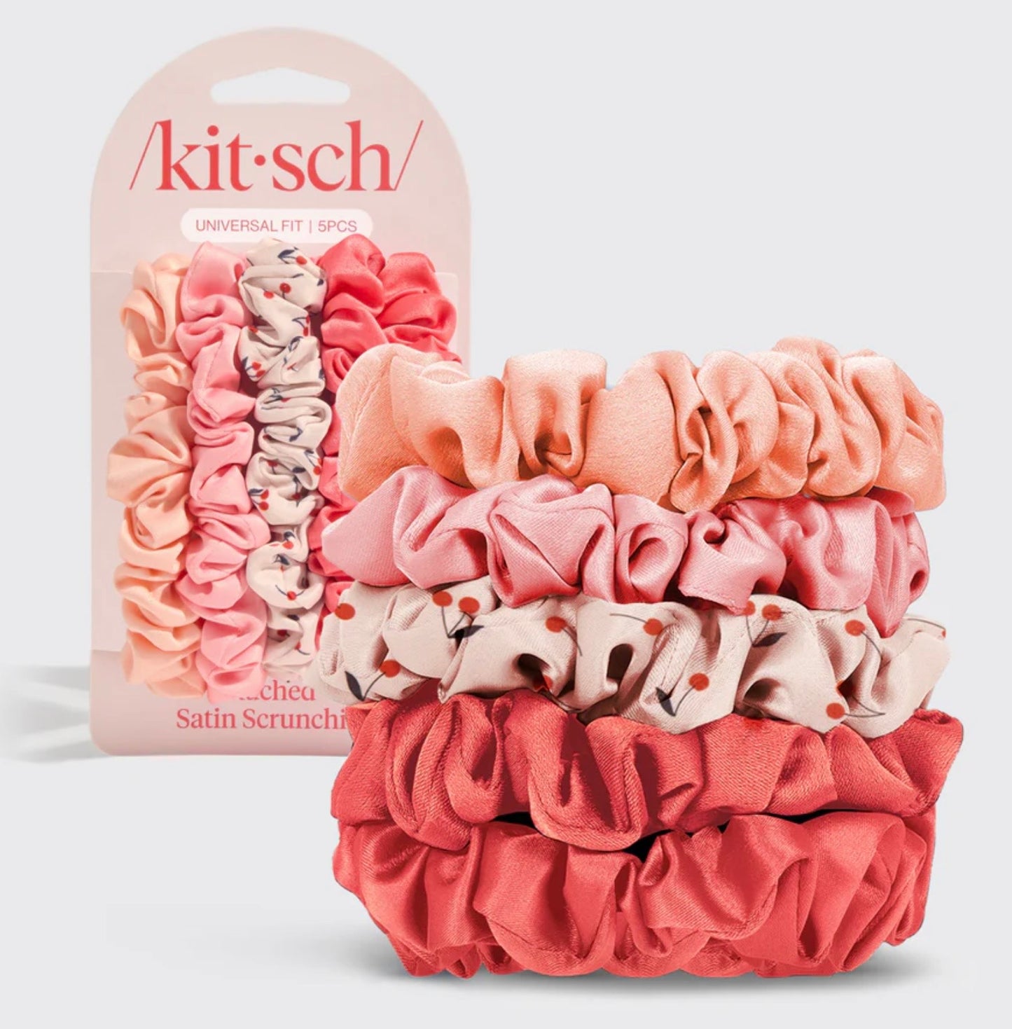 Satin Ruched Scrunchies 5 pc Set, Cherry Blossom