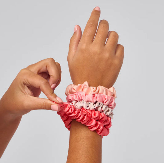 Satin Ruched Scrunchies 5 pc Set, Cherry Blossom