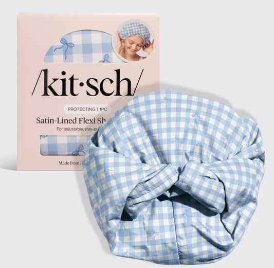 Kitsch Satin Lined Shower Cap, Gingham Blue